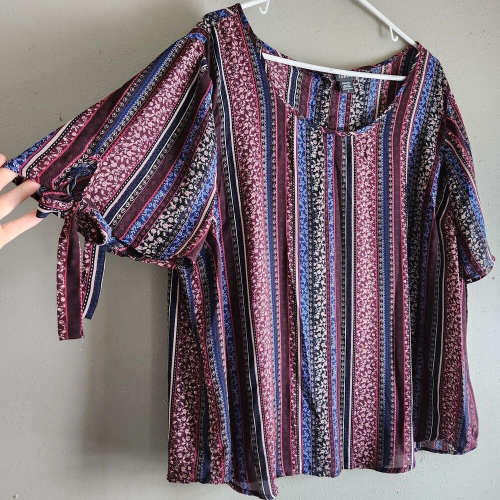 Torrid Size 3 Boho Stripe Floral Tie Sleeve Blouse Scoop Neck Plus